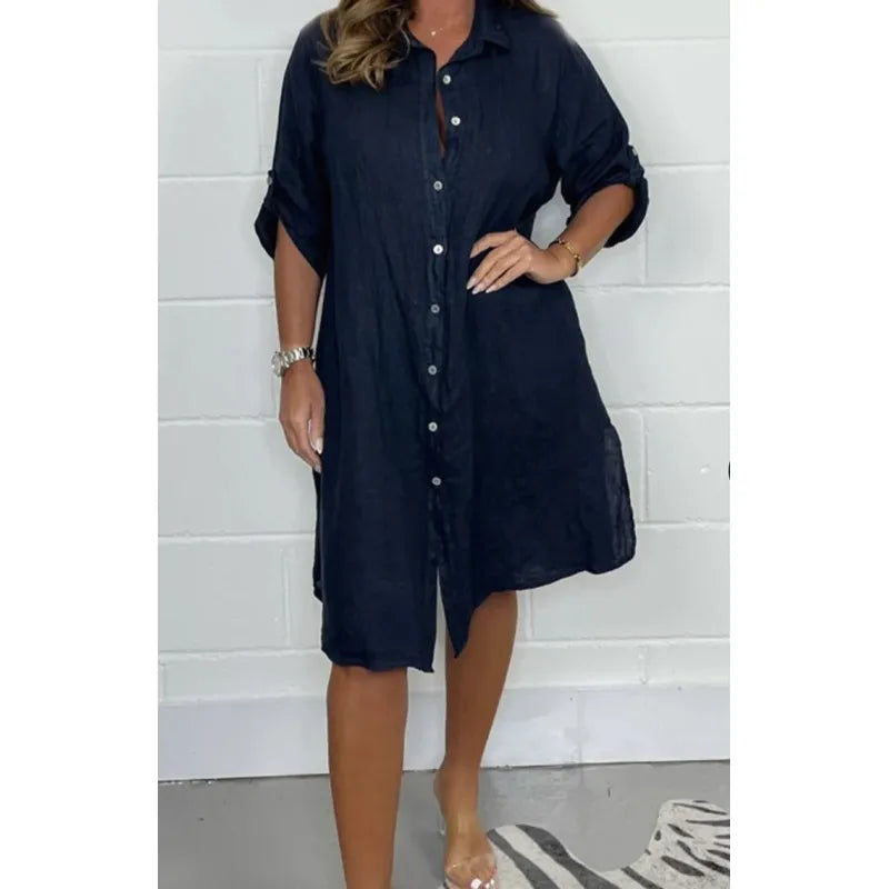 Robe Midi Femme en Coton-Lin – Coupe Décontractée Boutonnée