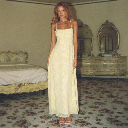 Robe Maxi Fleurie Élégante Femme – Bretelles Fines Dos Lacé