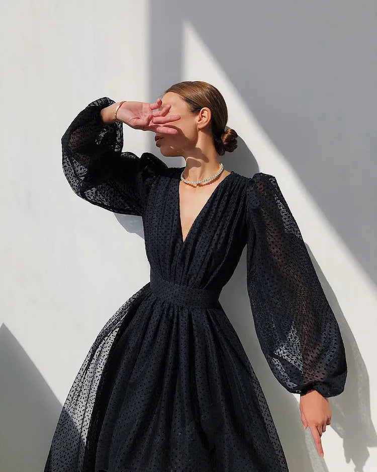 Robe Femme Portefeuille Midi à Pois – Manches Bouffantes et Col en V