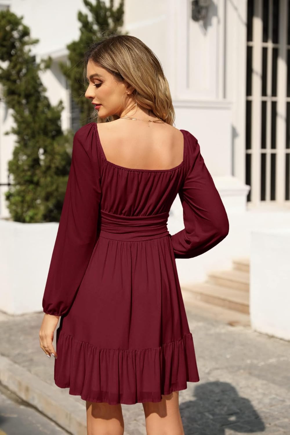 Élodie Robe Longue Femme – Robe Élégante à Col Carré, Volants et Manches Transparentes