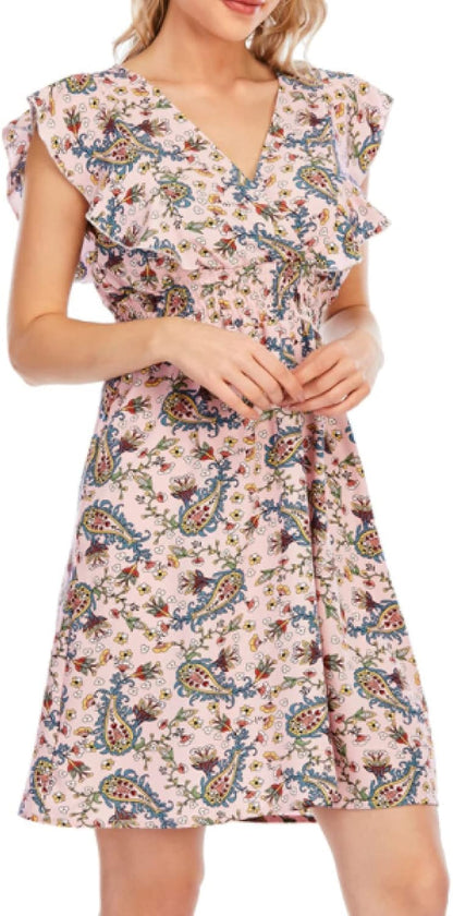 Chloé Robe Mini Femme – Robe Mousseline Fleurie Col V Volants Sans Manches Rose