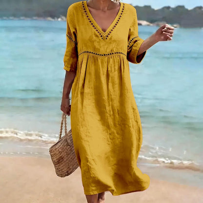 Laura Robe Femme – Robe Midi Lin Col V Manches 3/4 Poches A-Line Été