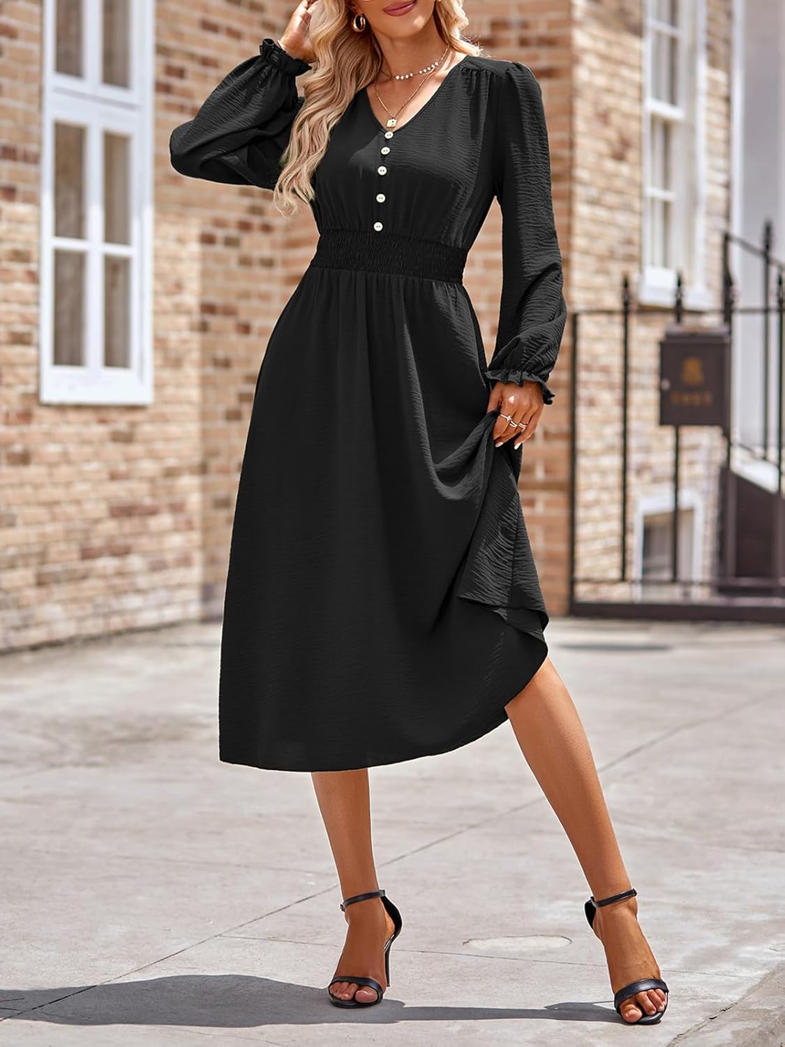 Robe Midi Femme en stretch, col V, coupe fluide – Menvelo