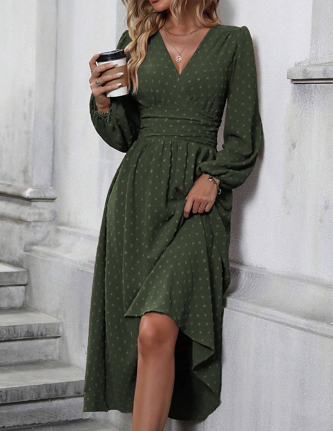 Robe Midi Femme en tissu léger, col V, coupe confortable – Menvelo