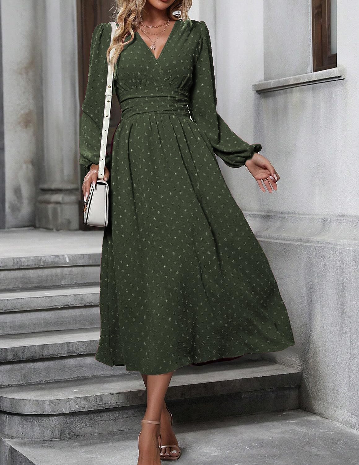 Robe Midi Femme en tissu léger, col V, coupe confortable – Menvelo