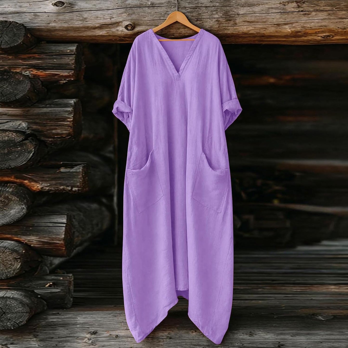 Mila Robe Femme – Robe Maxi Lin Col V Manches 3/4 Coupe A-Line Oversize Été