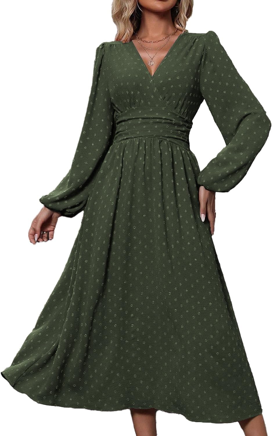 Robe Midi Femme en tissu léger, col V, coupe confortable – Menvelo