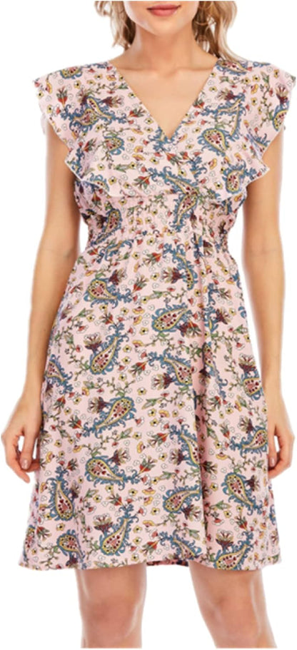 Chloé Robe Mini Femme – Robe Mousseline Fleurie Col V Volants Sans Manches Rose