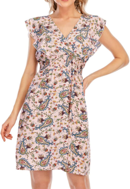 Chloé Robe Mini Femme – Robe Mousseline Fleurie Col V Volants Sans Manches Rose