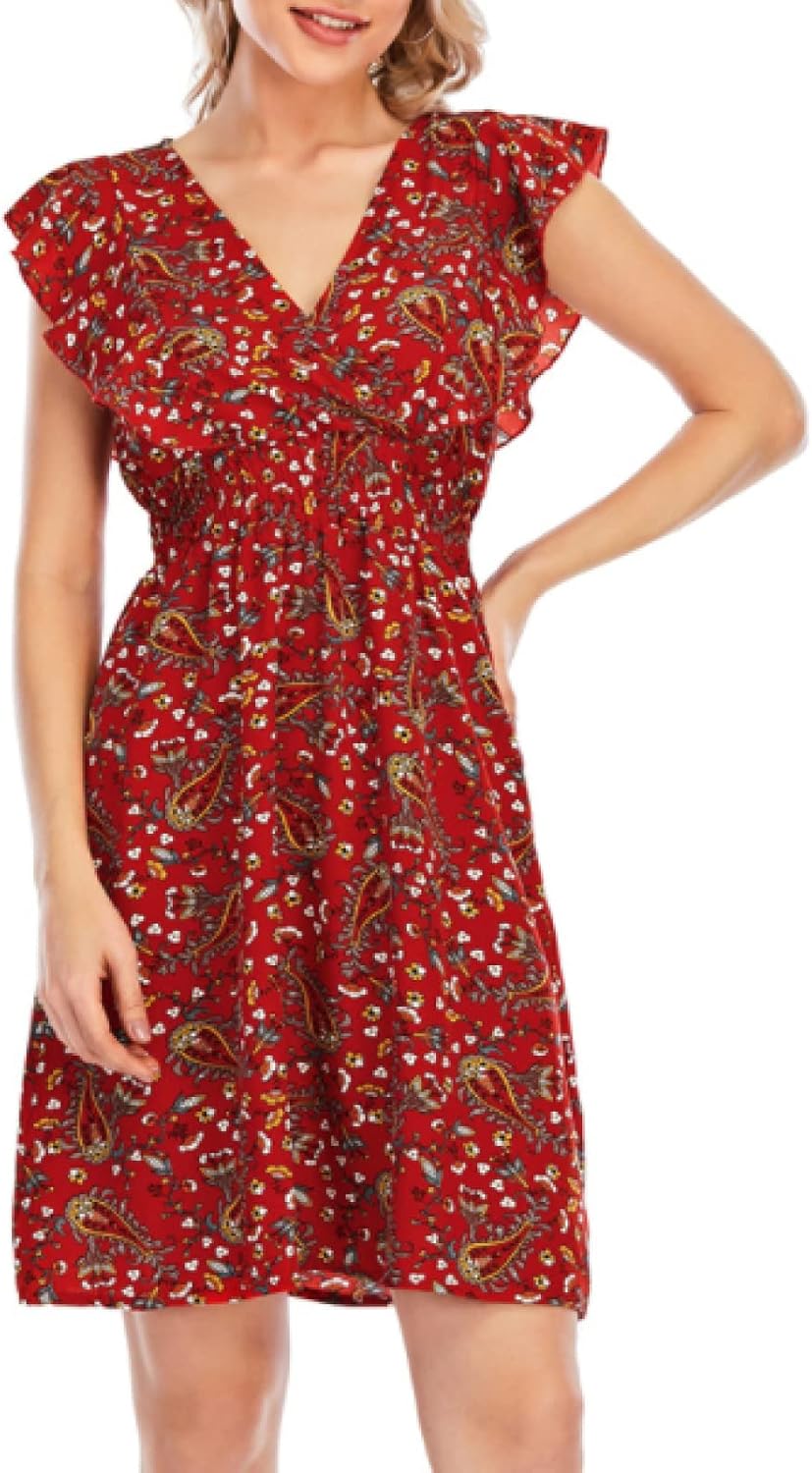 Chloé Robe Mini Femme – Robe Mousseline Fleurie Col V Volants Sans Manches
