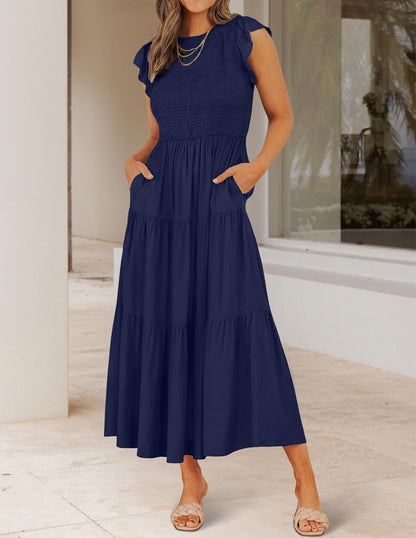 Robe Midi Femme en stretch, à volants, coupe fluide – Menvelo