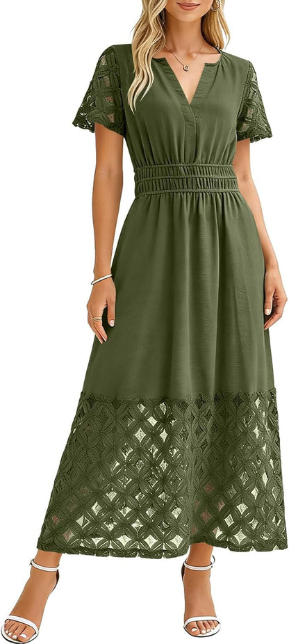 Emma Robe Femme – Robe Maxi Bohème Col V Taille Empire Poches Fluide Été