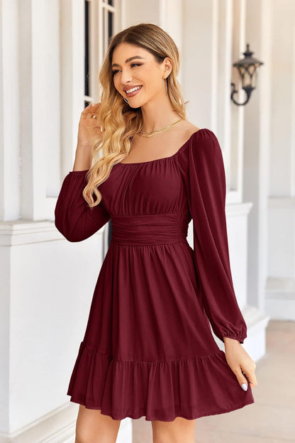 Élodie Robe Longue Femme – Robe Élégante à Col Carré, Volants et Manches Transparentes