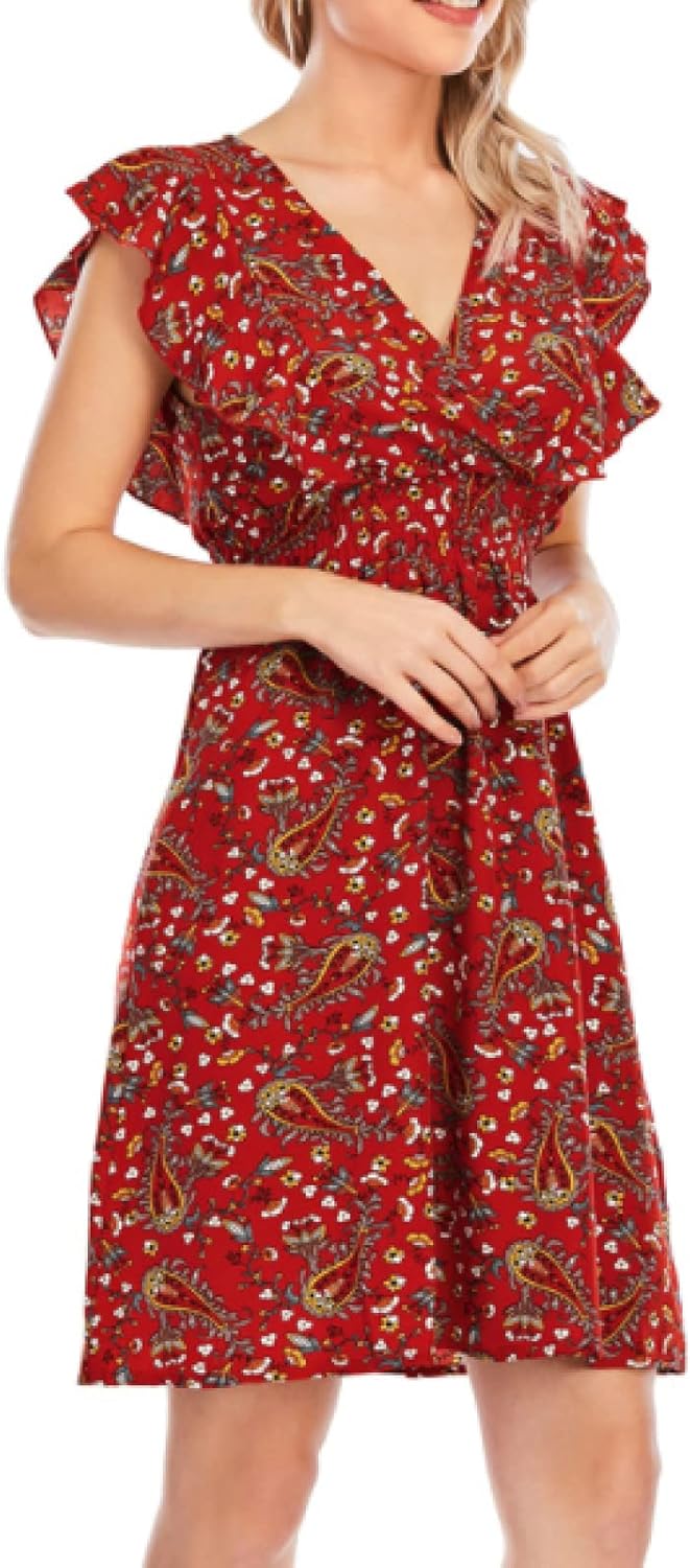 Chloé Robe Mini Femme – Robe Mousseline Fleurie Col V Volants Sans Manches