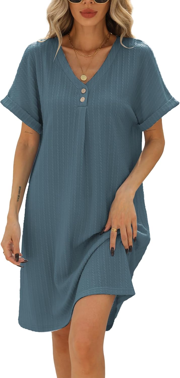 Camille Robe Chemise Femme – Robe Col V Manches Retroussées A-Line Été