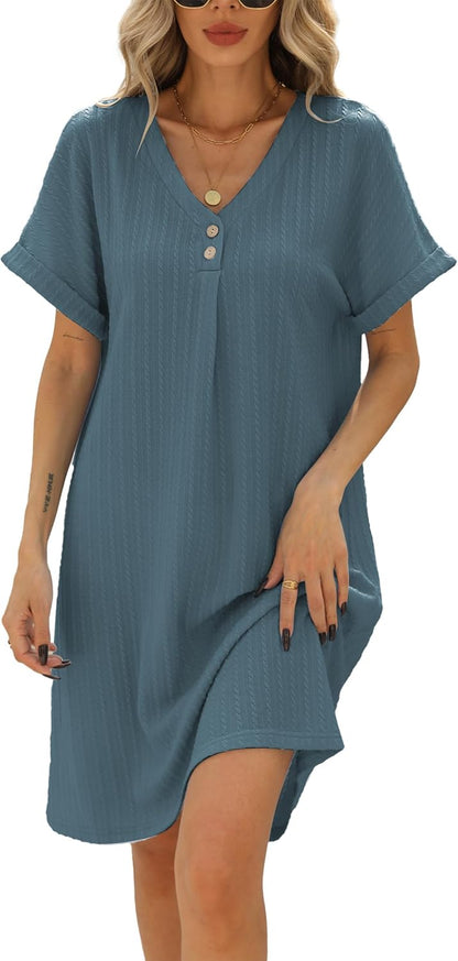 Camille Robe Chemise Femme – Robe Col V Manches Retroussées A-Line Été