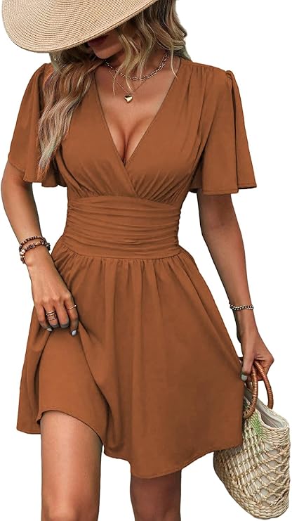 Robe Mini Femme en stretch, col V, coupe confortable – Menvelo