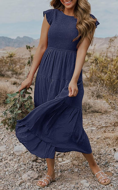 Robe Midi Femme en tissu léger, à volants, coupe fluide – Menvelo