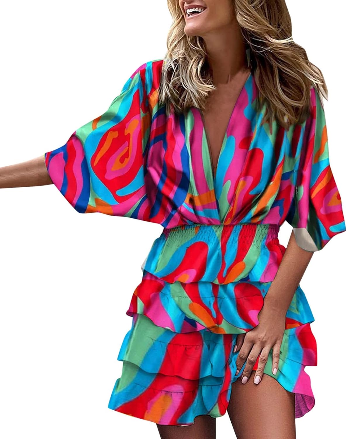 Robe Mini Femme en stretch, col V, coupe fluide – Menvelo