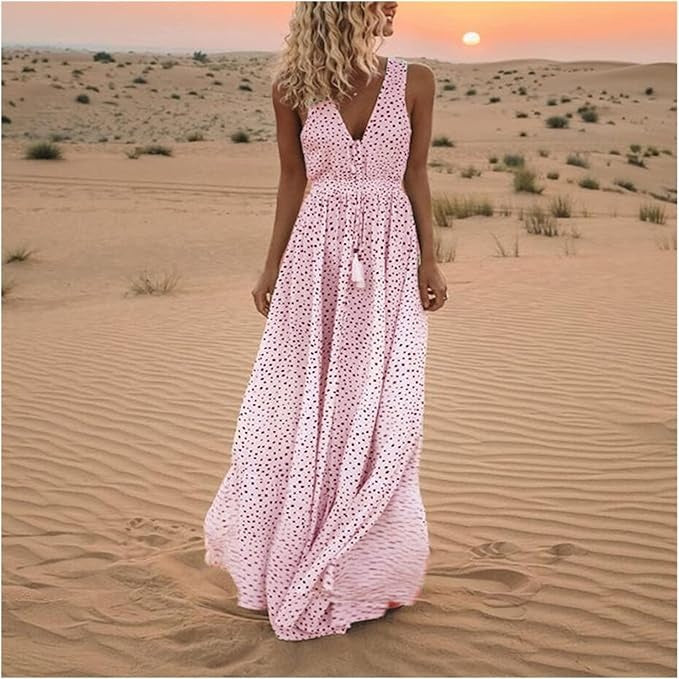 Robe Maxi Bohème Femme à Pois – Col V Sans Manches