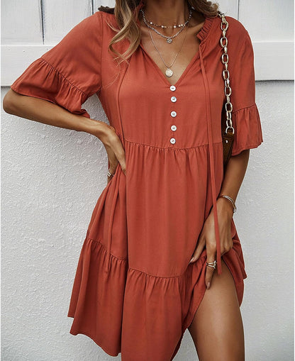 Robe Midi Femme en tissu léger, col V, coupe fluide – Menvelo