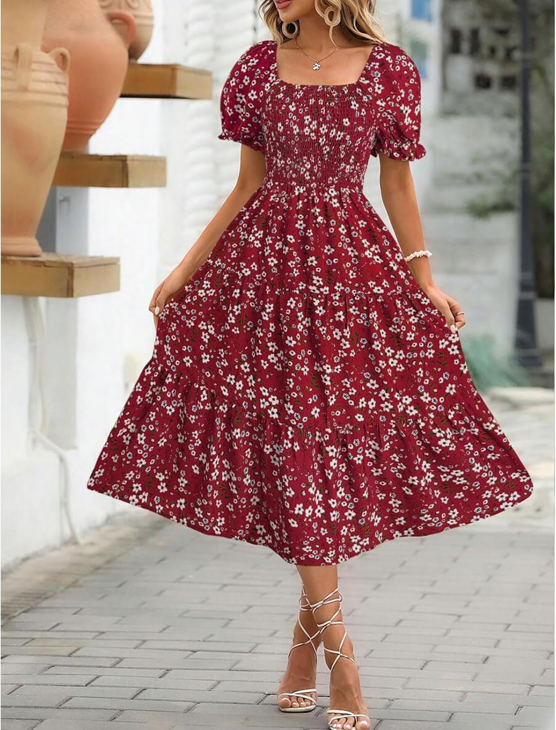 Robe Midi Femme en tissu léger, manches bouffantes, coupe confortable – Menvelo