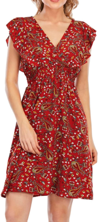 Chloé Robe Mini Femme – Robe Mousseline Fleurie Col V Volants Sans Manches