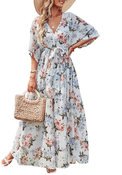 Rodelyn Robe Maxi Femme – Col V Cache-Cœur, Manches 3/4 Kimono & Fente Élégante Bohème