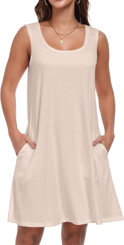Julie Robe Été Femme – Robe Col Rond Sans Manches Avec Poches Midi