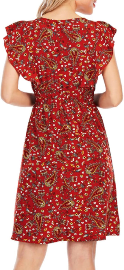 Chloé Robe Mini Femme – Robe Mousseline Fleurie Col V Volants Sans Manches
