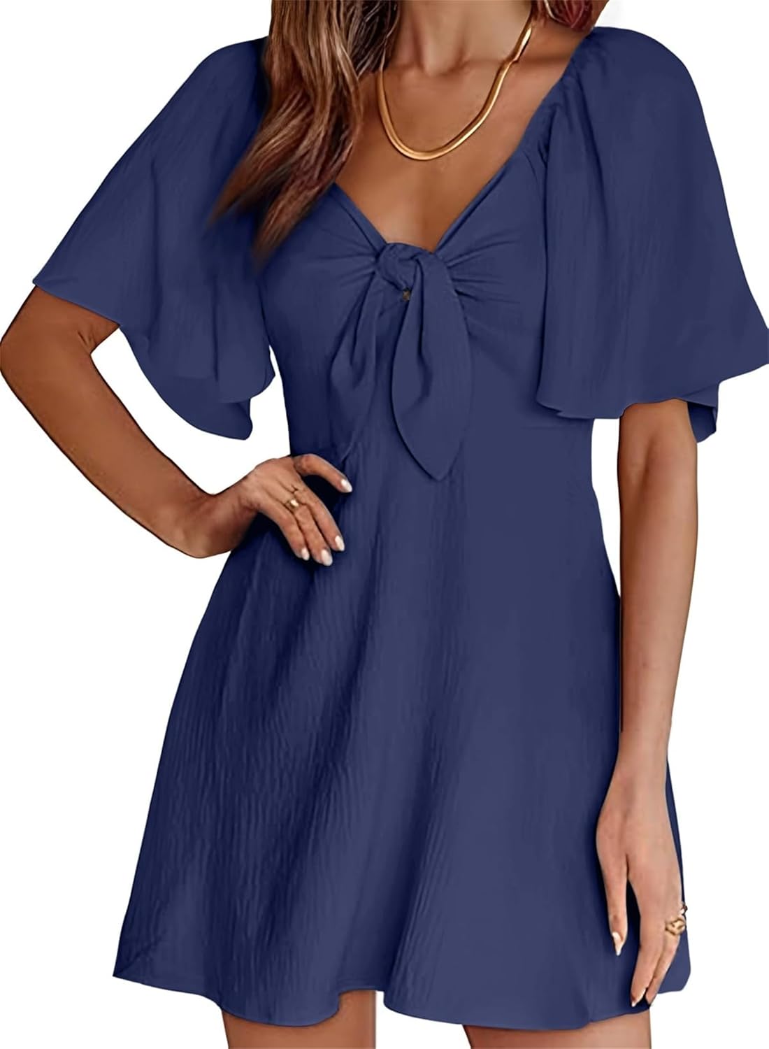 Robe Mini Femme en tissu léger, col V, coupe fluide – Menvelo