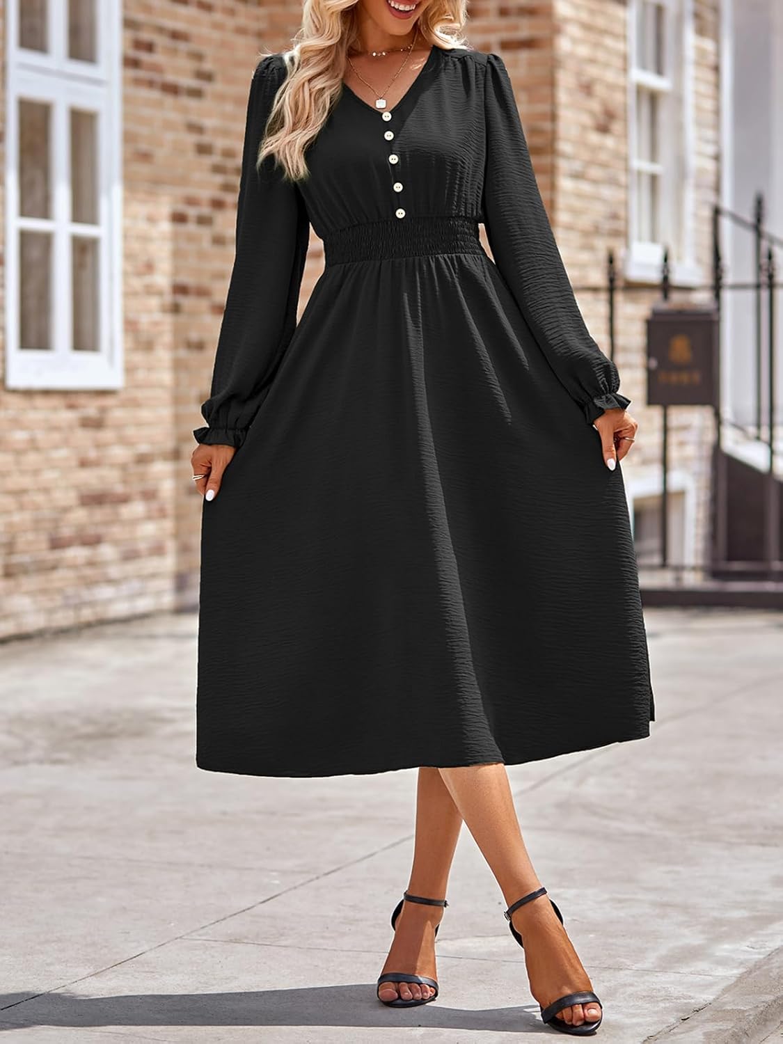 Robe Midi Femme en stretch, col V, coupe fluide – Menvelo