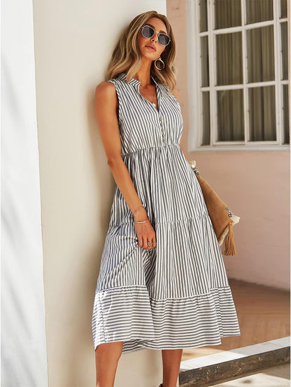 Robe Midi Femme en tissu léger, col V, coupe fluide – Menvelo
