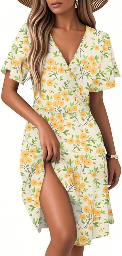 Robe Midi Femme en tissu léger, col V, coupe fluide – Menvelo