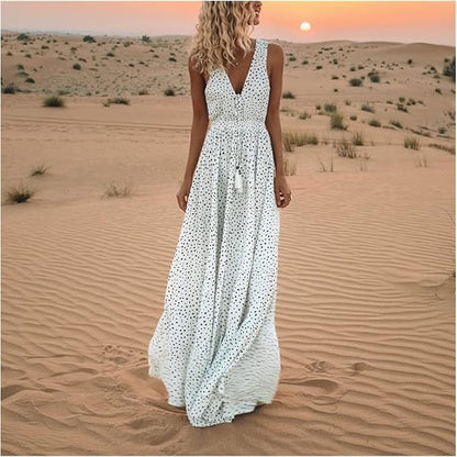 Robe Maxi Bohème Femme à Pois – Col V Sans Manches