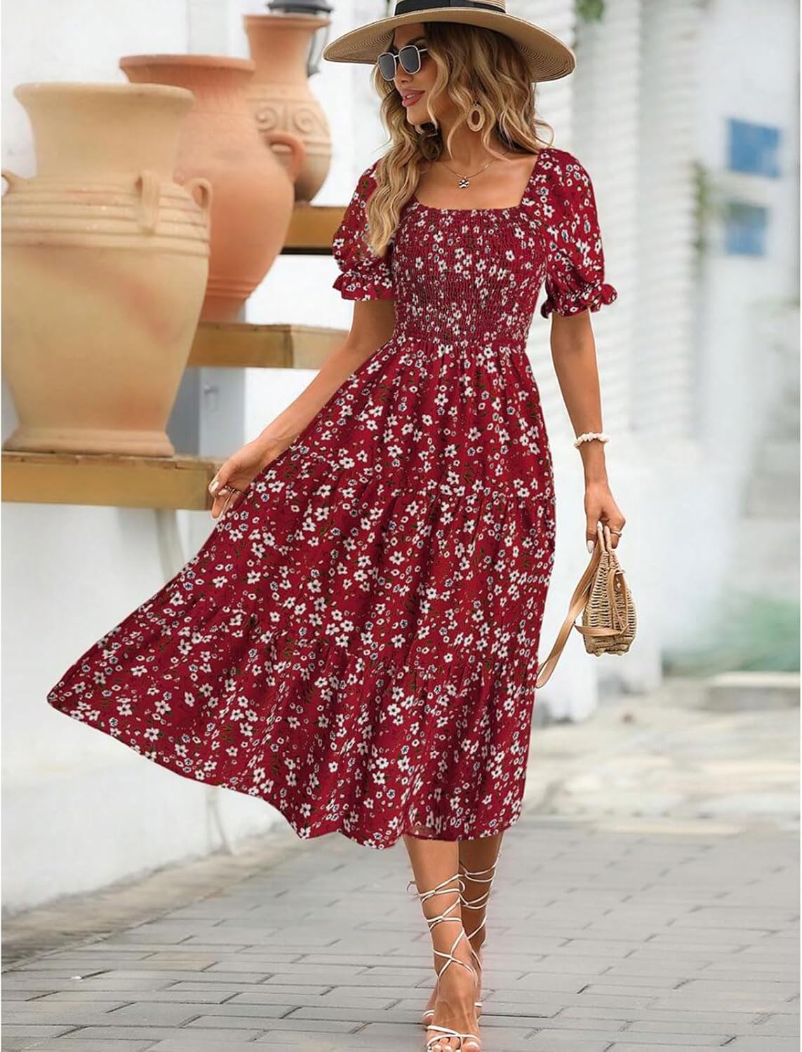 Robe Midi Femme en tissu léger, manches bouffantes, coupe confortable – Menvelo