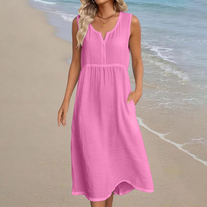 Robe Midi Femme en lin, col V, coupe fluide – Menvelo