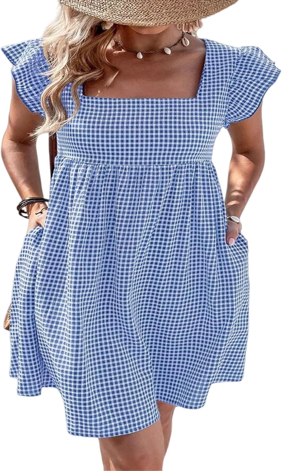Lily Robe Femme – Robe Midi Carreaux Col Carré Smockée Volants A-Line Été