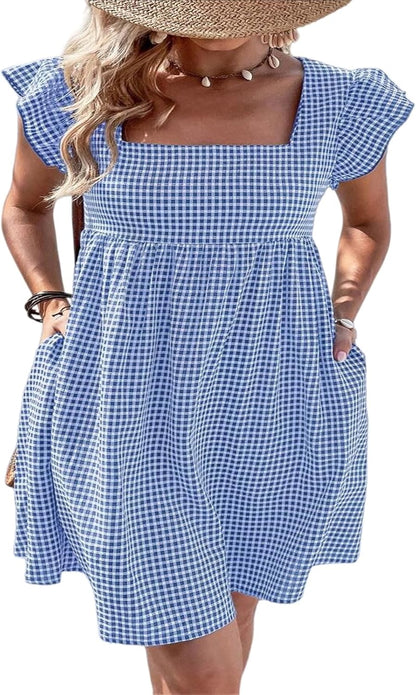 Lily Robe Femme – Robe Midi Carreaux Col Carré Smockée Volants A-Line Été