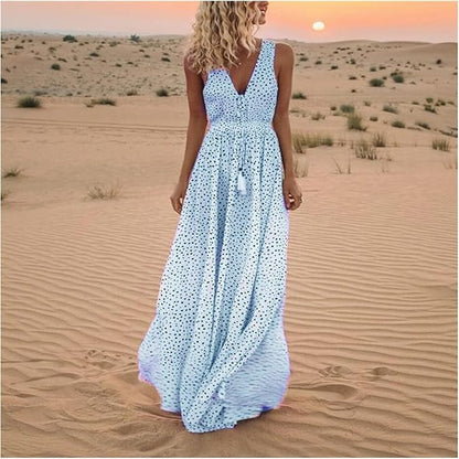 Robe Maxi Bohème Femme à Pois – Col V Sans Manches