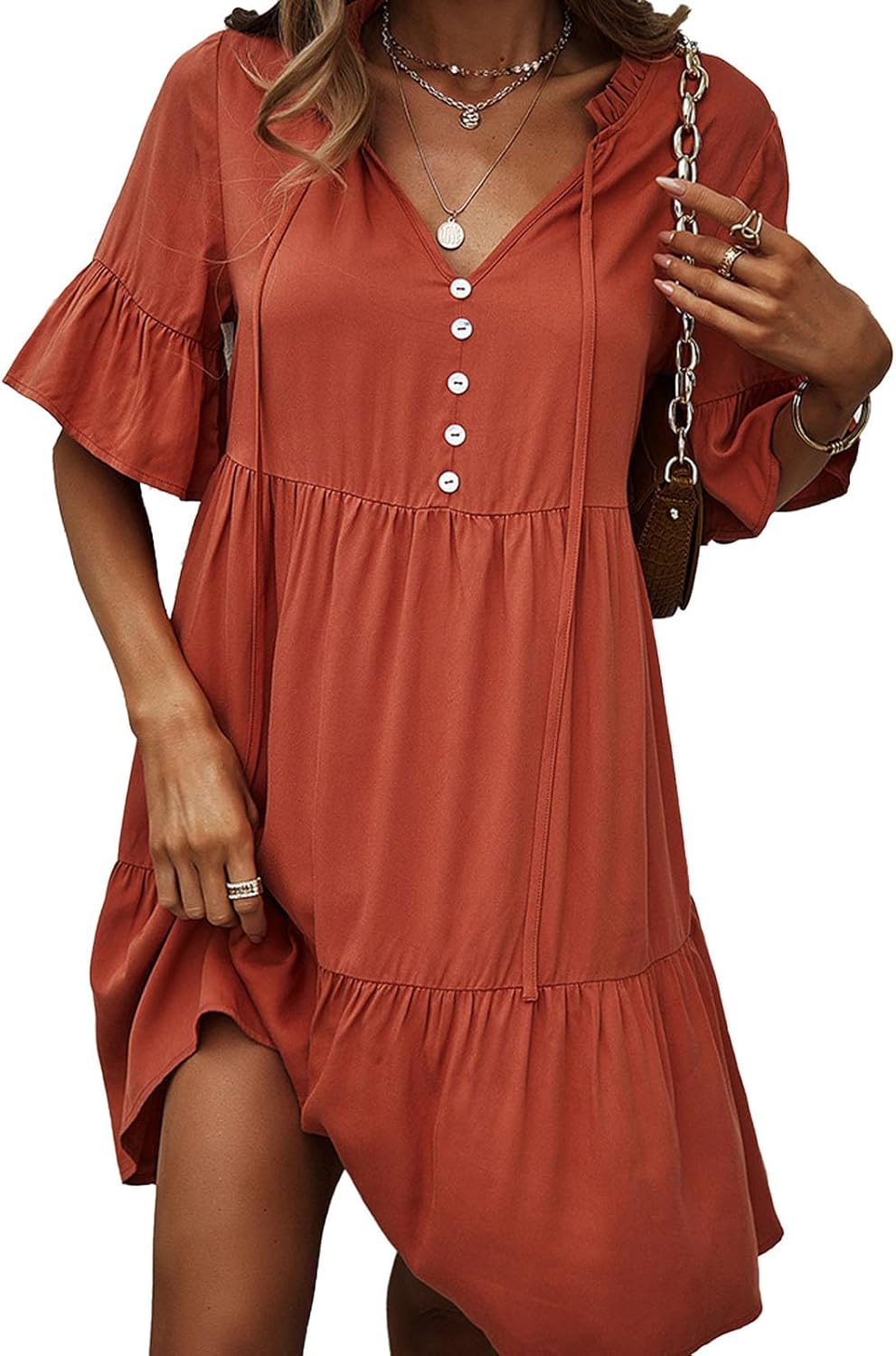 Robe Midi Femme en tissu léger, col V, coupe fluide – Menvelo