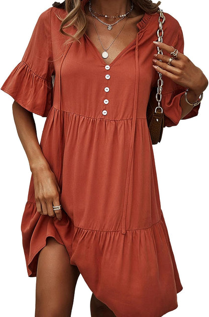 Robe Midi Femme en tissu léger, col V, coupe fluide – Menvelo