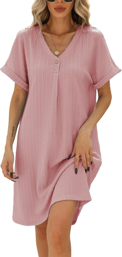 Luna Robe Été Femme – Col V Boutonnée Coupe A-Line Manches Courtes