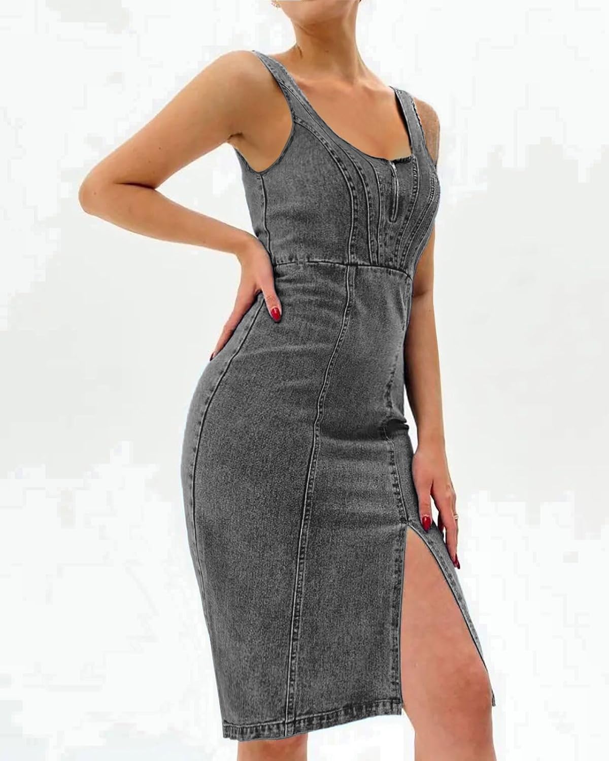 Robe Midi Femme en denim, à bretelles, coupe moulante – Menvelo
