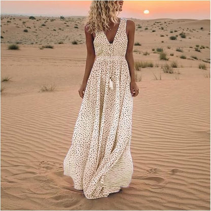 Robe Maxi Bohème Femme à Pois – Col V Sans Manches