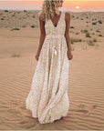 Robe Maxi Bohème Femme à Pois – Col V Sans Manches
