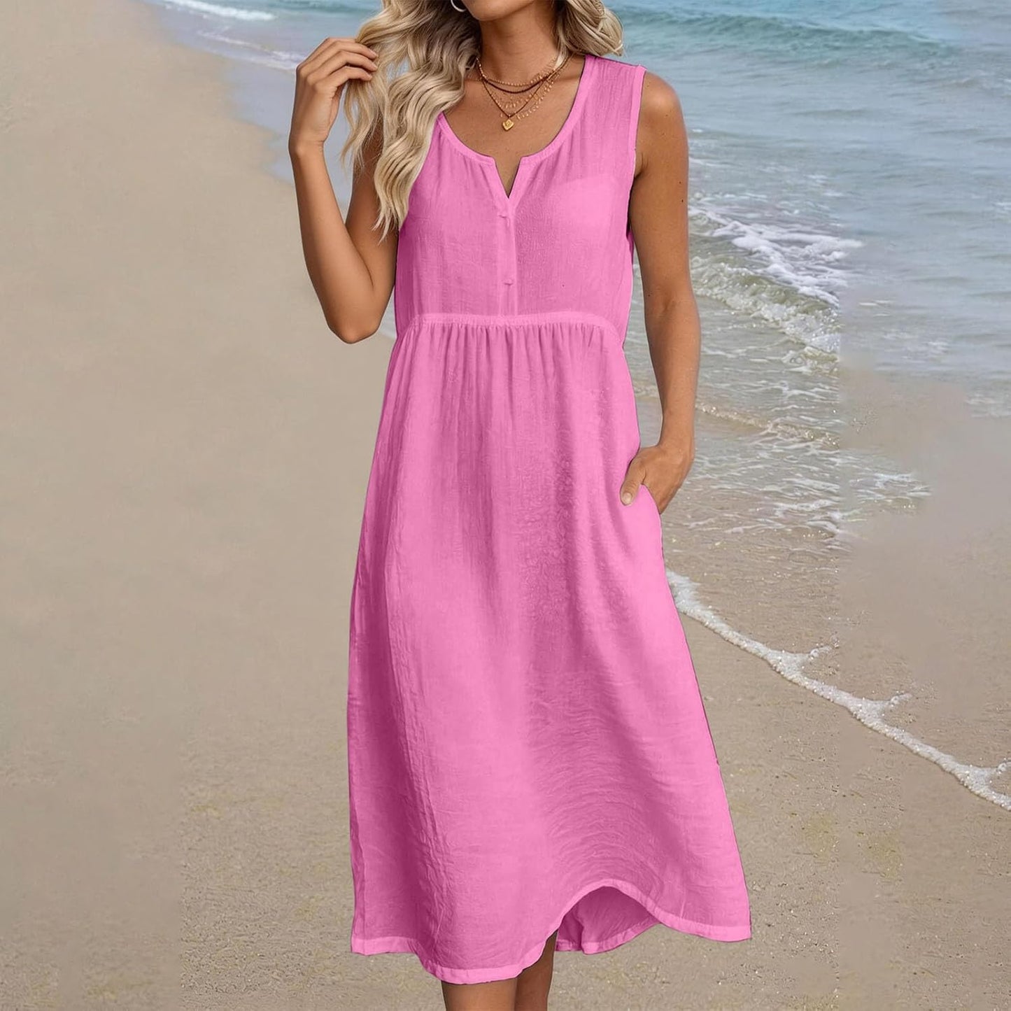 Robe Midi Femme en lin, col V, coupe fluide – Menvelo