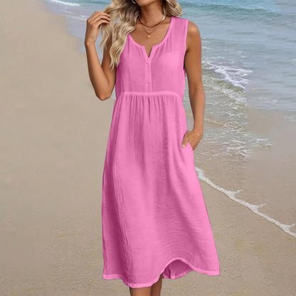 Robe Midi Femme en lin, col V, coupe fluide – Menvelo