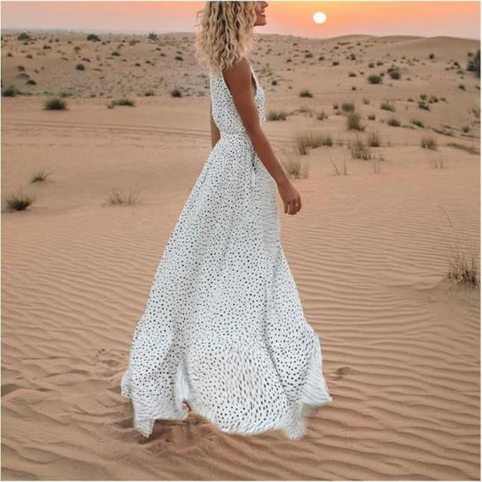 Robe Maxi Bohème Femme à Pois – Col V Sans Manches