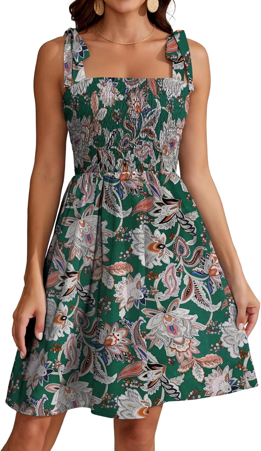 Lina Robe Été Femme – Robe Fleurie Col Carré Bretelles Taille Haute A-Line